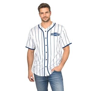 Chevrolet Super Service Baseball Jersey Men's Small White Blue Pinstripe GM New